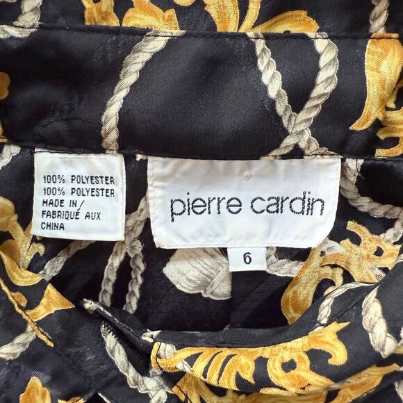 Vintage Pierre Cardin Black Gold Printed Button Up Blouse Cropped Long Sleeve, 6 - Picture 3 of 11